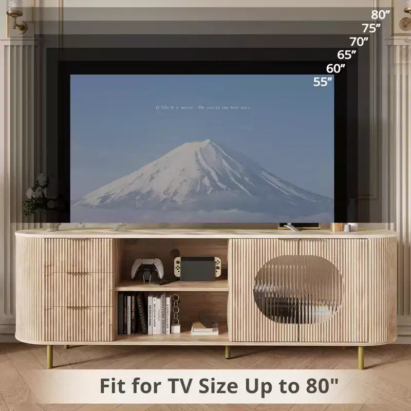 Mueble de TV empotrado moderno de 65 pulgadas JVNOXK con encimera con aspecto de mármol y detalles dorados, adecuado para salones, roble natural