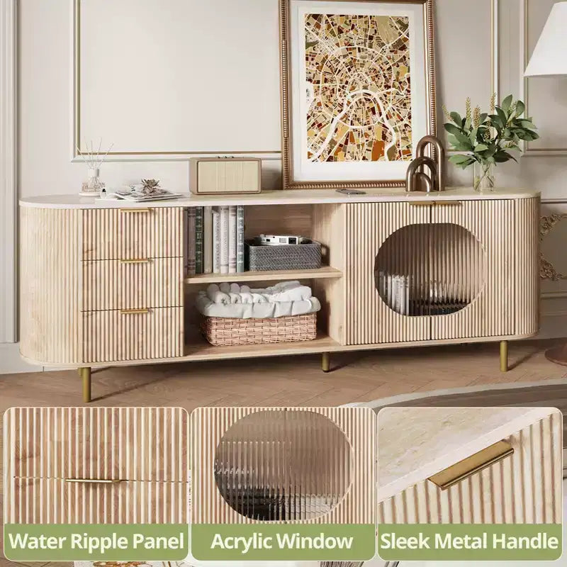 Mueble de TV empotrado moderno de 65 pulgadas JVNOXK con encimera con aspecto de mármol y detalles dorados, adecuado para salones, roble natural