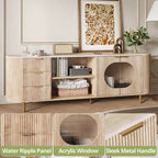 Mueble de TV empotrado moderno de 65 pulgadas JVNOXK con encimera con aspecto de mármol y detalles dorados, adecuado para salones, roble natural