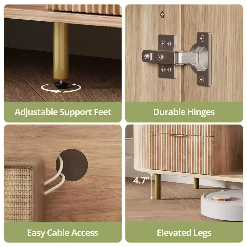 Mueble de TV empotrado moderno de 65 pulgadas JVNOXK con encimera con aspecto de mármol y detalles dorados, adecuado para salones, roble natural
