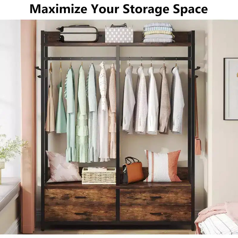 Organizador de Armario Lantine, Estante para Ropa con 4 Cajones y Ganchos para Dormitorio, Sala de Estar, Marrón Rústico