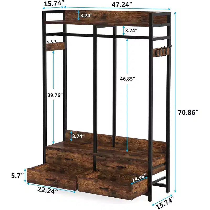 Organizador de Armario Lantine, Estante para Ropa con 4 Cajones y Ganchos para Dormitorio, Sala de Estar, Marrón Rústico