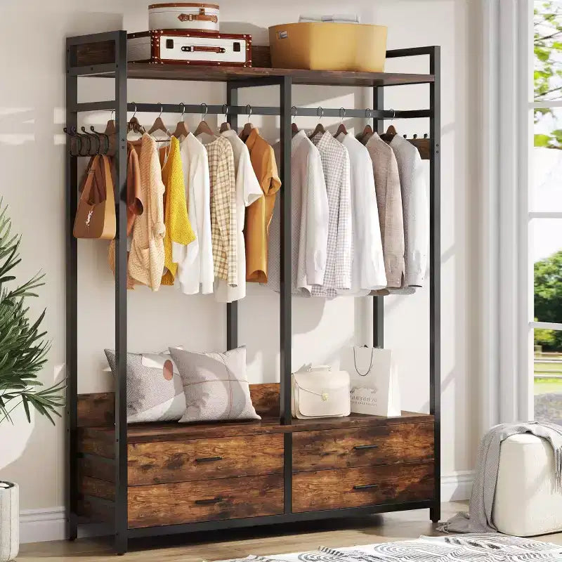 Organizador de Armario Lantine, Estante para Ropa con 4 Cajones y Ganchos para Dormitorio, Sala de Estar, Marrón Rústico