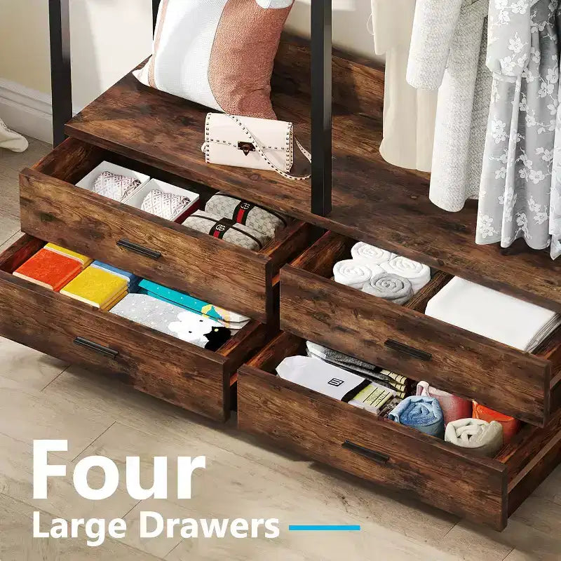 Organizador de Armario Lantine, Estante para Ropa con 4 Cajones y Ganchos para Dormitorio, Sala de Estar, Marrón Rústico