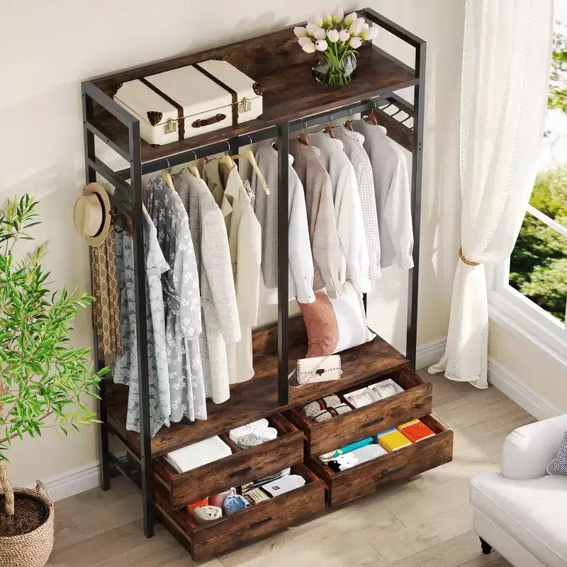 Organizador de Armario Lantine, Estante para Ropa con 4 Cajones y Ganchos para Dormitorio, Sala de Estar, Marrón Rústico