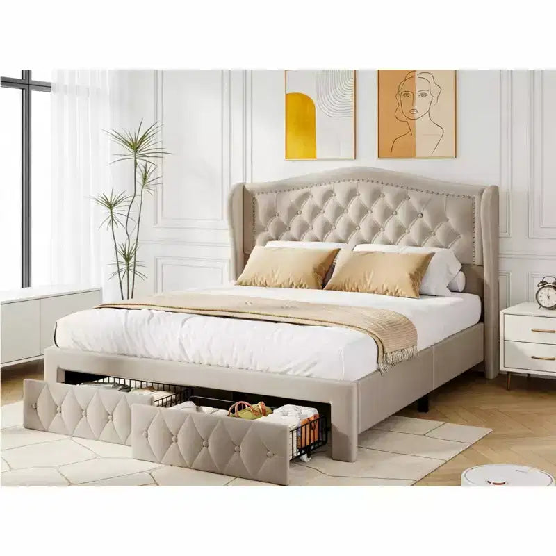 Dyonery Base de cama Queen Size, Cama de plataforma tapizada en terciopelo - Cabecero de 52.6" de alto con alas y mechones verticales, 2 cajones de almacenamiento, no requiere somier