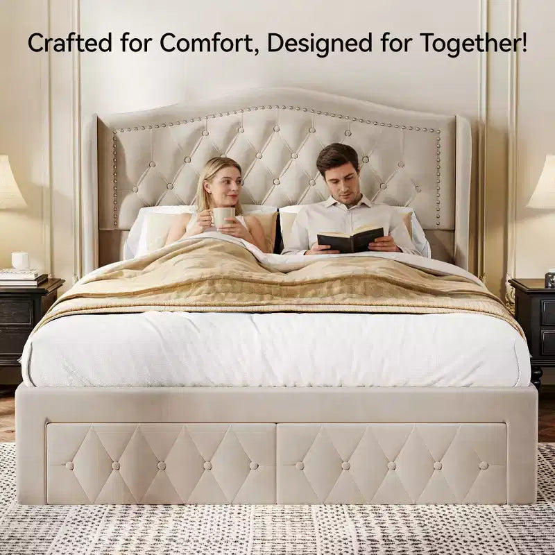 Dyonery Base de cama Queen Size, Cama de plataforma tapizada en terciopelo - Cabecero de 52.6" de alto con alas y mechones verticales, 2 cajones de almacenamiento, no requiere somier