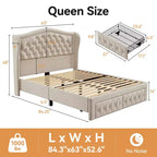 Dyonery Base de cama Queen Size, Cama de plataforma tapizada en terciopelo - Cabecero de 52.6" de alto con alas y mechones verticales, 2 cajones de almacenamiento, no requiere somier