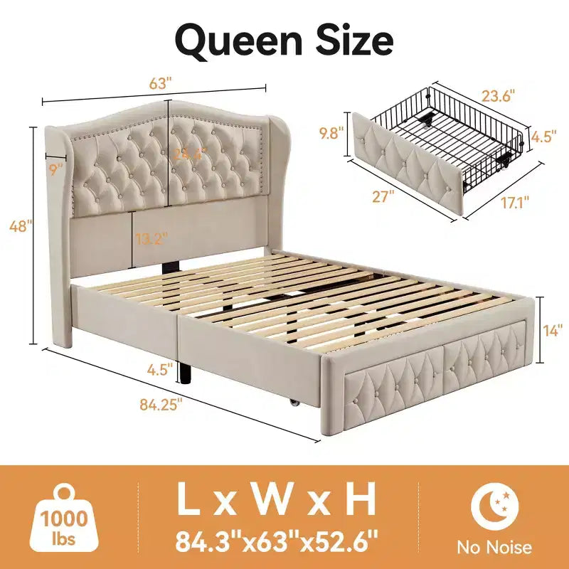 Dyonery Base de cama Queen Size, Cama de plataforma tapizada en terciopelo - Cabecero de 52.6" de alto con alas y mechones verticales, 2 cajones de almacenamiento, no requiere somier