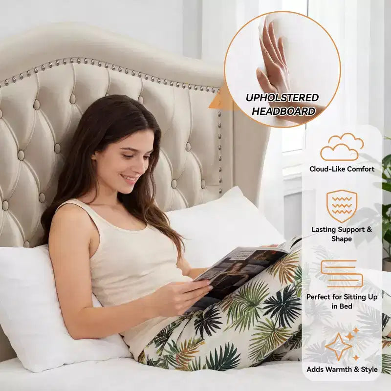 Dyonery Base de cama Queen Size, Cama de plataforma tapizada en terciopelo - Cabecero de 52.6" de alto con alas y mechones verticales, 2 cajones de almacenamiento, no requiere somier