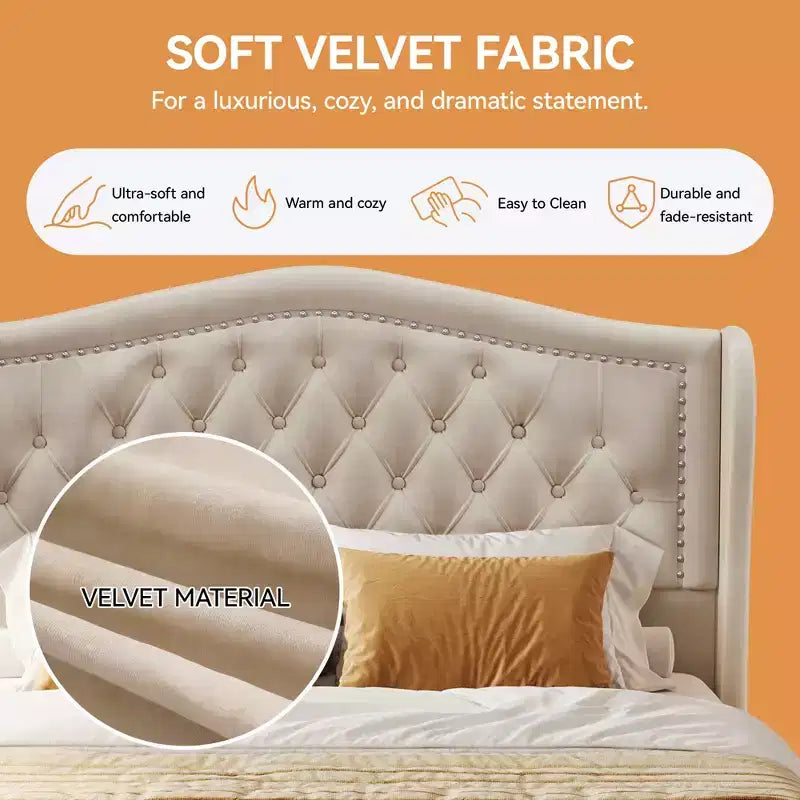 Dyonery Base de cama Queen Size, Cama de plataforma tapizada en terciopelo - Cabecero de 52.6" de alto con alas y mechones verticales, 2 cajones de almacenamiento, no requiere somier