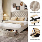 Dyonery Base de cama Queen Size, Cama de plataforma tapizada en terciopelo - Cabecero de 52.6" de alto con alas y mechones verticales, 2 cajones de almacenamiento, no requiere somier