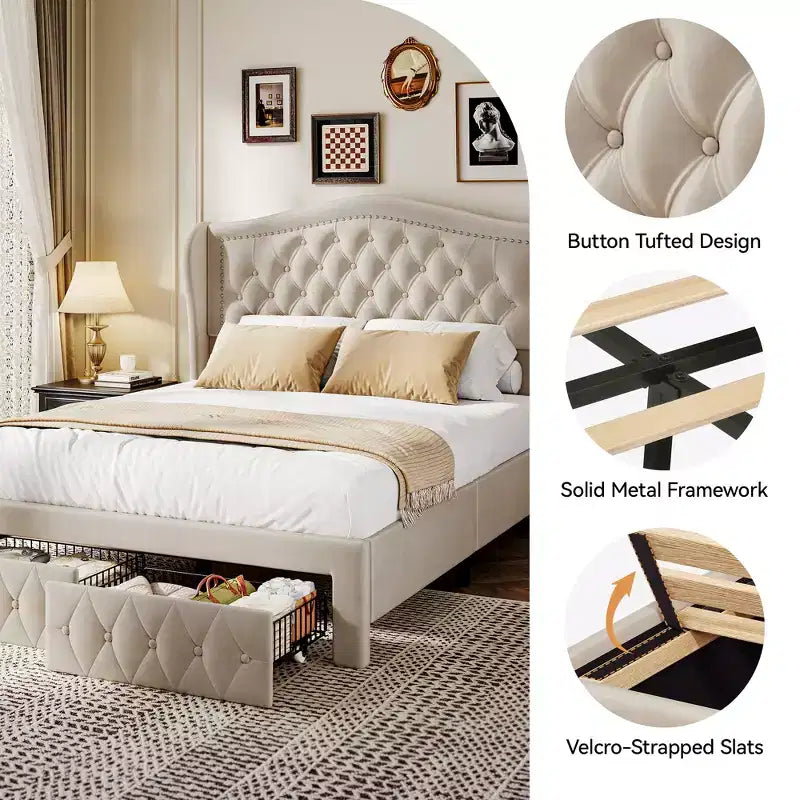 Dyonery Base de cama Queen Size, Cama de plataforma tapizada en terciopelo - Cabecero de 52.6" de alto con alas y mechones verticales, 2 cajones de almacenamiento, no requiere somier