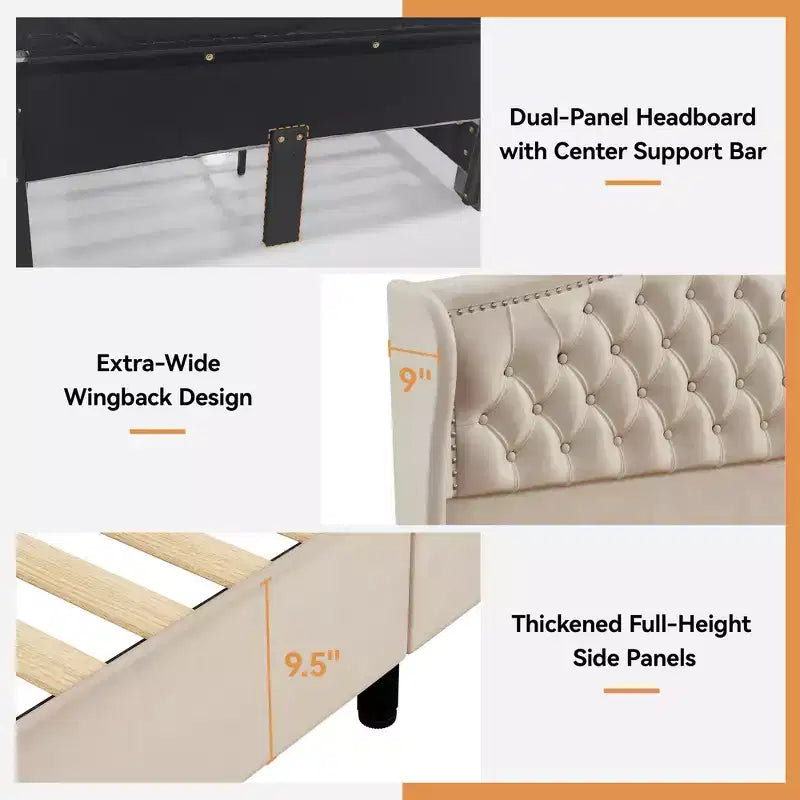 Dyonery Base de cama Queen Size, Cama de plataforma tapizada en terciopelo - Cabecero de 52.6" de alto con alas y mechones verticales, 2 cajones de almacenamiento, no requiere somier