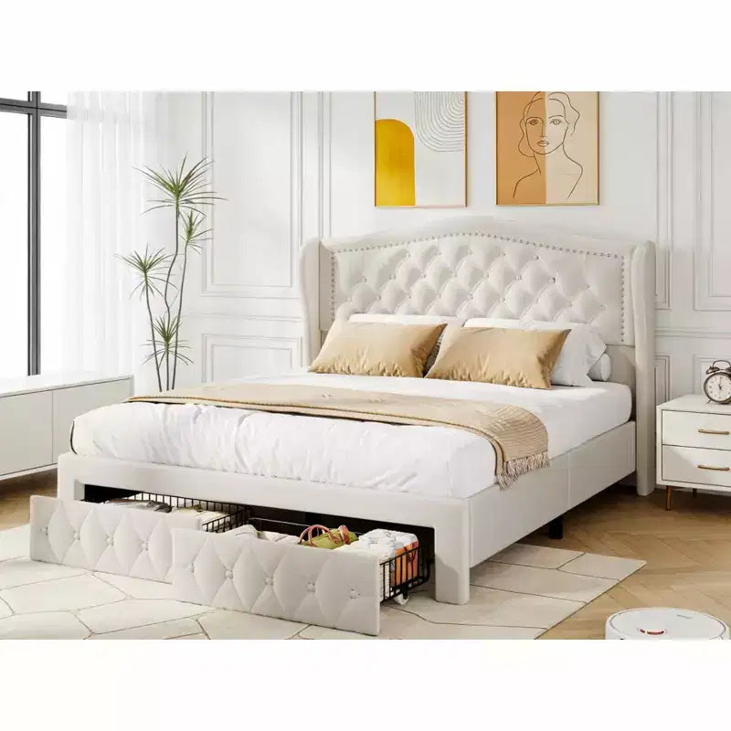 Dyonery Base de cama Queen Size, Cama de plataforma tapizada en terciopelo - Cabecero de 52.6" de alto con alas y mechones verticales, 2 cajones de almacenamiento, no requiere somier