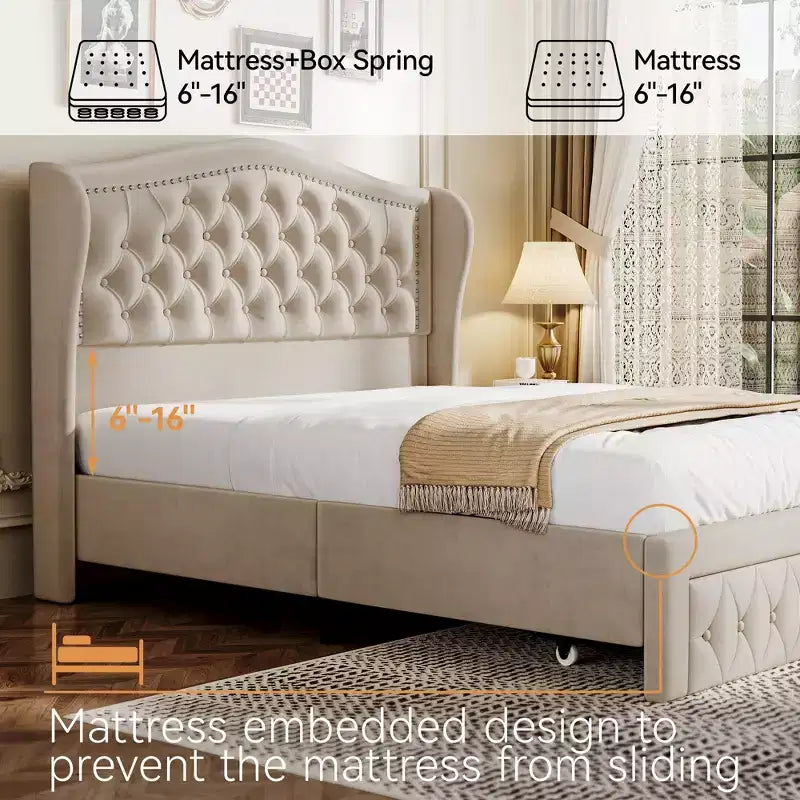 Dyonery Base de cama Queen Size, Cama de plataforma tapizada en terciopelo - Cabecero de 52.6" de alto con alas y mechones verticales, 2 cajones de almacenamiento, no requiere somier