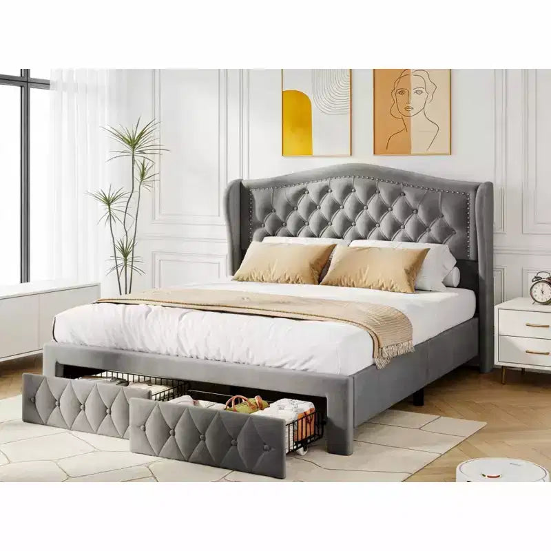 Dyonery Base de cama Queen Size, Cama de plataforma tapizada en terciopelo - Cabecero de 52.6" de alto con alas y mechones verticales, 2 cajones de almacenamiento, no requiere somier