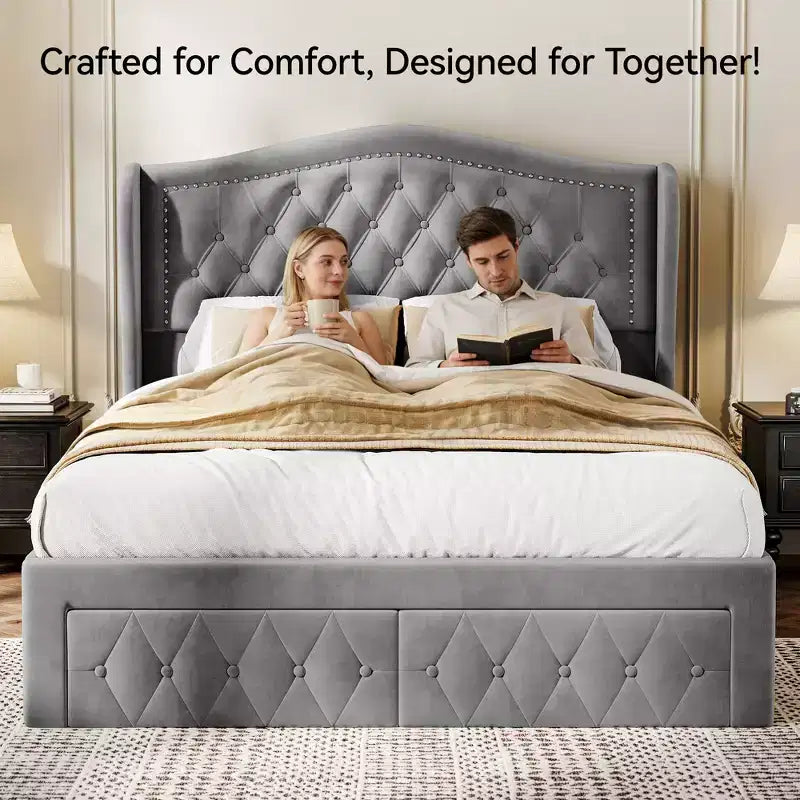 Dyonery Base de cama Queen Size, Cama de plataforma tapizada en terciopelo - Cabecero de 52.6" de alto con alas y mechones verticales, 2 cajones de almacenamiento, no requiere somier