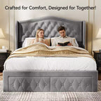 Dyonery Base de cama Queen Size, Cama de plataforma tapizada en terciopelo - Cabecero de 52.6" de alto con alas y mechones verticales, 2 cajones de almacenamiento, no requiere somier