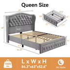 Dyonery Base de cama Queen Size, Cama de plataforma tapizada en terciopelo - Cabecero de 52.6" de alto con alas y mechones verticales, 2 cajones de almacenamiento, no requiere somier
