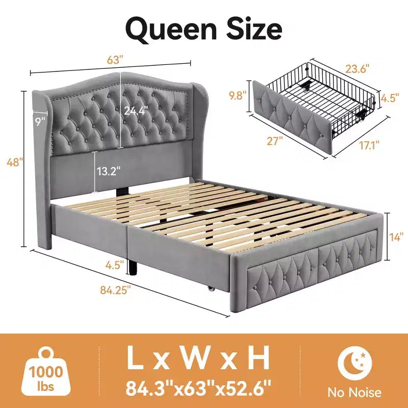 Dyonery Base de cama Queen Size, Cama de plataforma tapizada en terciopelo - Cabecero de 52.6" de alto con alas y mechones verticales, 2 cajones de almacenamiento, no requiere somier