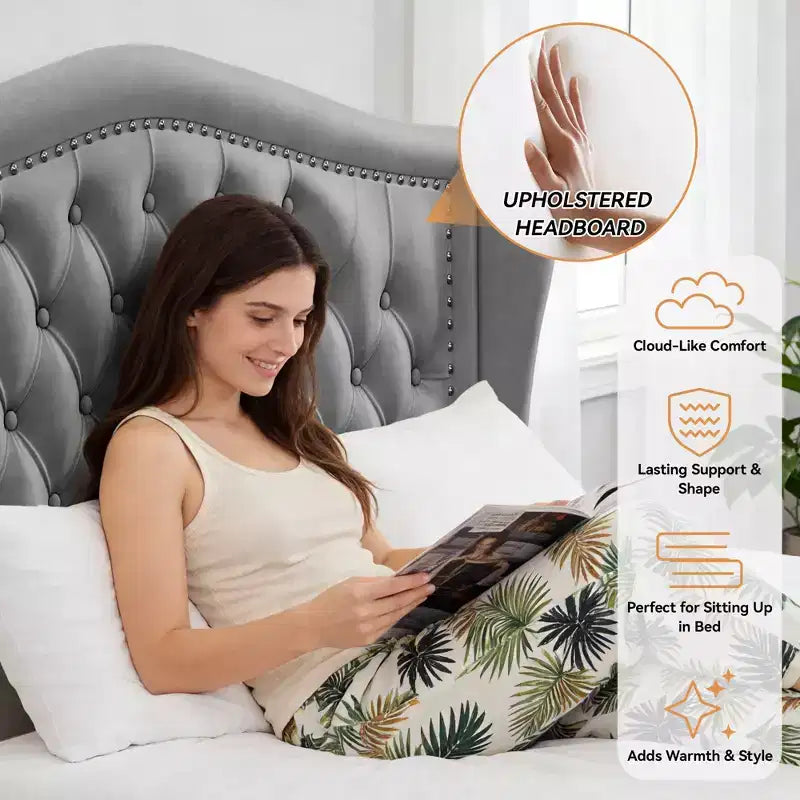 Dyonery Base de cama Queen Size, Cama de plataforma tapizada en terciopelo - Cabecero de 52.6" de alto con alas y mechones verticales, 2 cajones de almacenamiento, no requiere somier