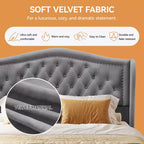 Dyonery Base de cama Queen Size, Cama de plataforma tapizada en terciopelo - Cabecero de 52.6" de alto con alas y mechones verticales, 2 cajones de almacenamiento, no requiere somier