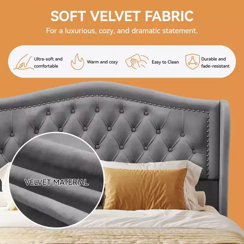 Dyonery Base de cama Queen Size, Cama de plataforma tapizada en terciopelo - Cabecero de 52.6" de alto con alas y mechones verticales, 2 cajones de almacenamiento, no requiere somier