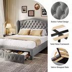 Dyonery Base de cama Queen Size, Cama de plataforma tapizada en terciopelo - Cabecero de 52.6" de alto con alas y mechones verticales, 2 cajones de almacenamiento, no requiere somier