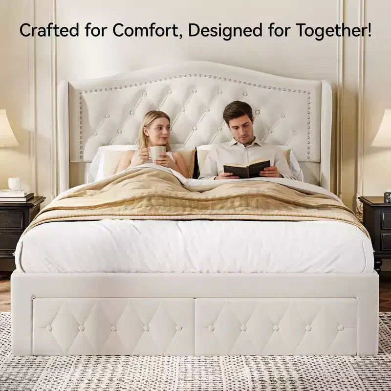 Dyonery Base de cama Queen Size, Cama de plataforma tapizada en terciopelo - Cabecero de 52.6" de alto con alas y mechones verticales, 2 cajones de almacenamiento, no requiere somier