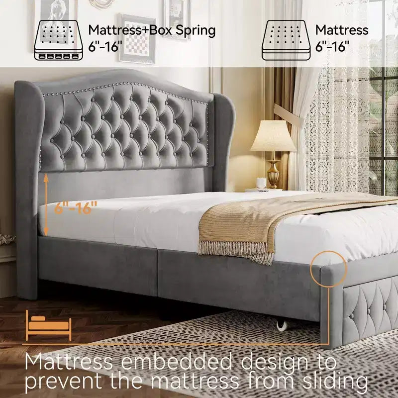 Dyonery Base de cama Queen Size, Cama de plataforma tapizada en terciopelo - Cabecero de 52.6" de alto con alas y mechones verticales, 2 cajones de almacenamiento, no requiere somier
