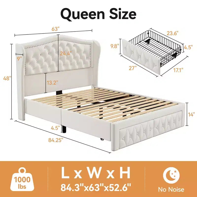 Dyonery Base de cama Queen Size, Cama de plataforma tapizada en terciopelo - Cabecero de 52.6" de alto con alas y mechones verticales, 2 cajones de almacenamiento, no requiere somier