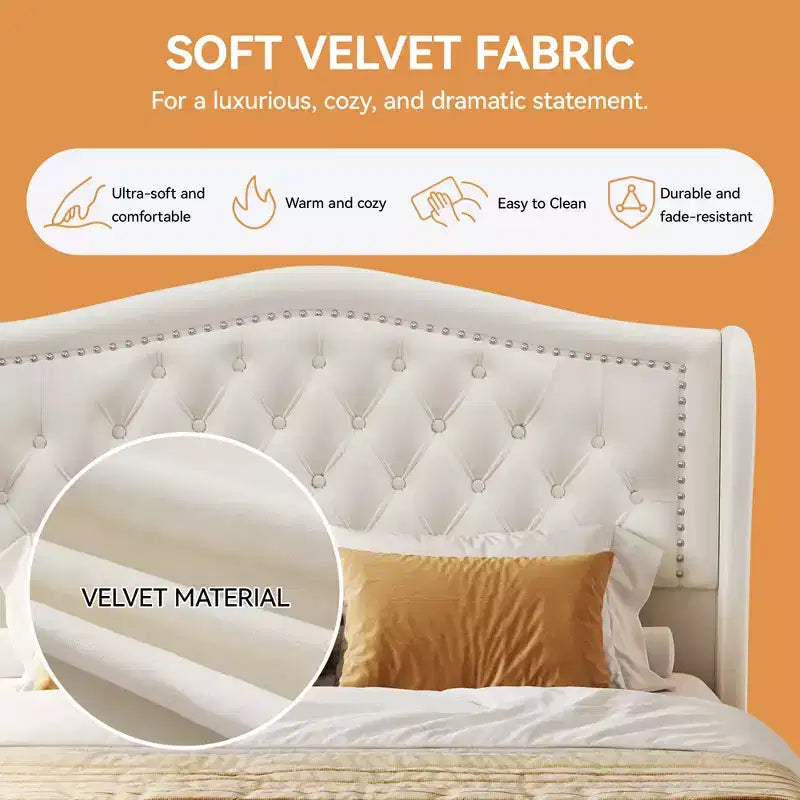 Dyonery Base de cama Queen Size, Cama de plataforma tapizada en terciopelo - Cabecero de 52.6" de alto con alas y mechones verticales, 2 cajones de almacenamiento, no requiere somier
