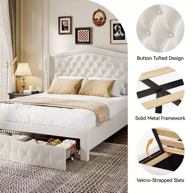 Dyonery Base de cama Queen Size, Cama de plataforma tapizada en terciopelo - Cabecero de 52.6" de alto con alas y mechones verticales, 2 cajones de almacenamiento, no requiere somier