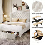 Dyonery Base de cama Queen Size, Cama de plataforma tapizada en terciopelo - Cabecero de 52.6" de alto con alas y mechones verticales, 2 cajones de almacenamiento, no requiere somier