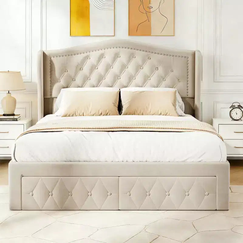 Dyonery Base de cama Queen Size, Cama de plataforma tapizada en terciopelo - Cabecero de 52.6" de alto con alas y mechones verticales, 2 cajones de almacenamiento, no requiere somier