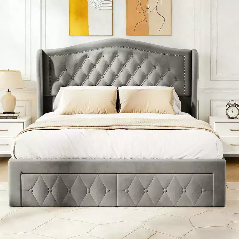 Dyonery Base de cama Queen Size, Cama de plataforma tapizada en terciopelo - Cabecero de 52.6" de alto con alas y mechones verticales, 2 cajones de almacenamiento, no requiere somier