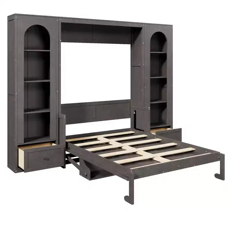 Cama Murphy Queen Size de Pared con Gabinetes Laterales y Luz LED, Cama Plegable de Gabinete con Estantes de Almacenamiento y Cajones para Habitación de Huéspedes, Gris