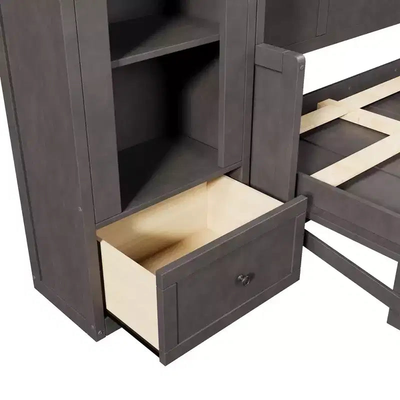 Cama Murphy Queen Size de Pared con Gabinetes Laterales y Luz LED, Cama Plegable de Gabinete con Estantes de Almacenamiento y Cajones para Habitación de Huéspedes, Gris