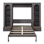 Cama Murphy Queen Size de Pared con Gabinetes Laterales y Luz LED, Cama Plegable de Gabinete con Estantes de Almacenamiento y Cajones para Habitación de Huéspedes, Gris