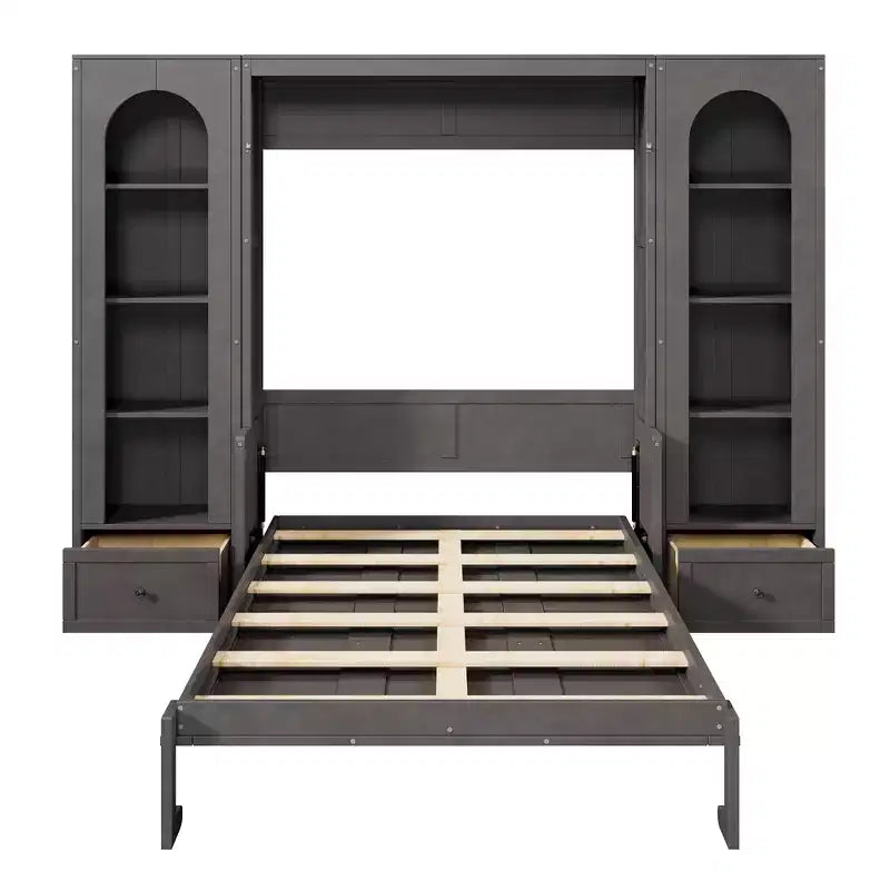 Cama Murphy Queen Size de Pared con Gabinetes Laterales y Luz LED, Cama Plegable de Gabinete con Estantes de Almacenamiento y Cajones para Habitación de Huéspedes, Gris