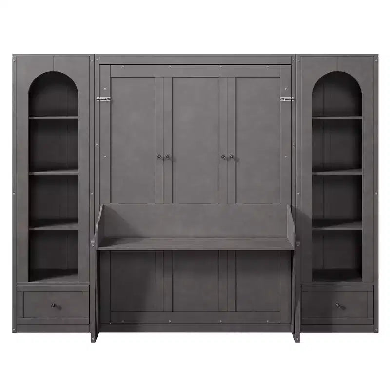 Cama Murphy Queen Size de Pared con Gabinetes Laterales y Luz LED, Cama Plegable de Gabinete con Estantes de Almacenamiento y Cajones para Habitación de Huéspedes, Gris