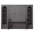 Cama Murphy Queen Size de Pared con Gabinetes Laterales y Luz LED, Cama Plegable de Gabinete con Estantes de Almacenamiento y Cajones para Habitación de Huéspedes, Gris
