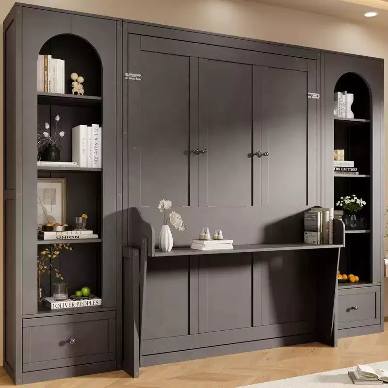 Cama Murphy Queen Size de Pared con Gabinetes Laterales y Luz LED, Cama Plegable de Gabinete con Estantes de Almacenamiento y Cajones para Habitación de Huéspedes, Gris