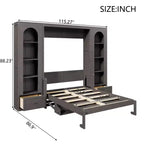 Cama Murphy Queen Size de Pared con Gabinetes Laterales y Luz LED, Cama Plegable de Gabinete con Estantes de Almacenamiento y Cajones para Habitación de Huéspedes, Gris