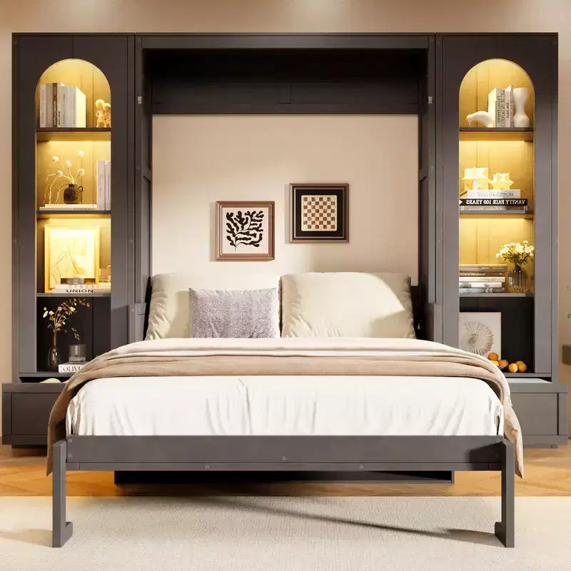Cama Murphy Queen Size de Pared con Gabinetes Laterales y Luz LED, Cama Plegable de Gabinete con Estantes de Almacenamiento y Cajones para Habitación de Huéspedes, Gris