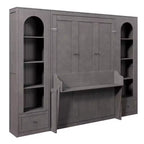 Cama Murphy Queen Size de Pared con Gabinetes Laterales y Luz LED, Cama Plegable de Gabinete con Estantes de Almacenamiento y Cajones para Habitación de Huéspedes, Gris