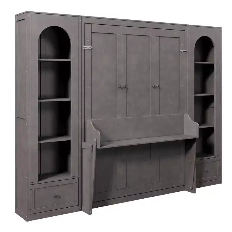 Cama Murphy Queen Size de Pared con Gabinetes Laterales y Luz LED, Cama Plegable de Gabinete con Estantes de Almacenamiento y Cajones para Habitación de Huéspedes, Gris