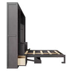 Cama Murphy Queen Size de Pared con Gabinetes Laterales y Luz LED, Cama Plegable de Gabinete con Estantes de Almacenamiento y Cajones para Habitación de Huéspedes, Gris