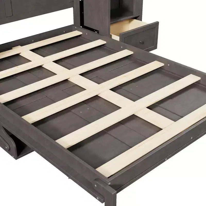 Cama Murphy Queen Size de Pared con Gabinetes Laterales y Luz LED, Cama Plegable de Gabinete con Estantes de Almacenamiento y Cajones para Habitación de Huéspedes, Gris